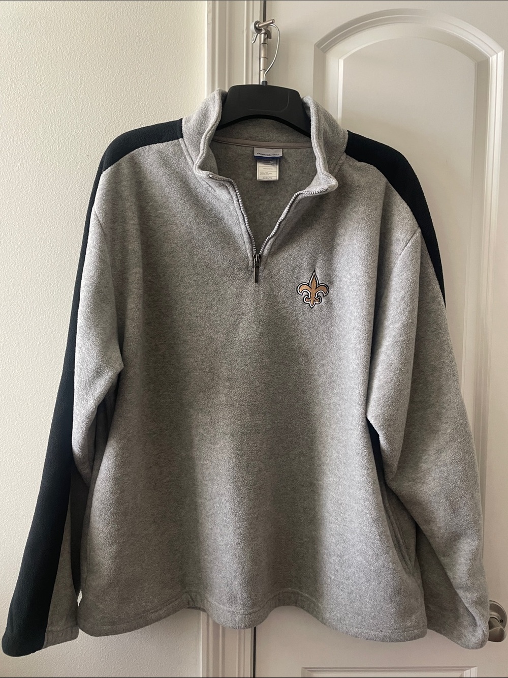 Reebok Gray and Black Quarter-Zip Sweater with Saints Fleur-de-Lis Patch